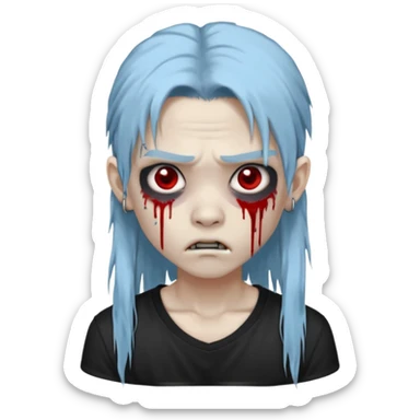  3D emoji-style avatar with very pale blue-grey zombie skin , a young Asian face, and large eyes with blood tears. Give it white litle bit messy long mullet hair style , silver hoop earrings, and a plain black T-shirt. The face expression should be slightly angry, with vampire fang sticker