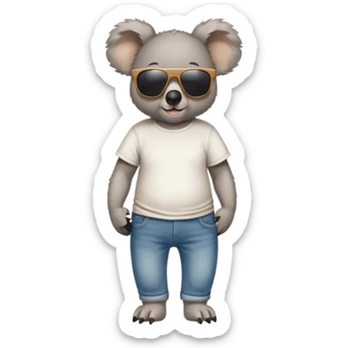 anthropomorphised koala in a 'Go' t-shirt and jeans with dark sunglasses walking upright, relaxed pose sticker