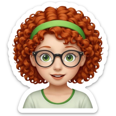 redhead kid with unique face features and very curly hair kid girl happy and big glassess and big nose and very green eyes and headband sticker