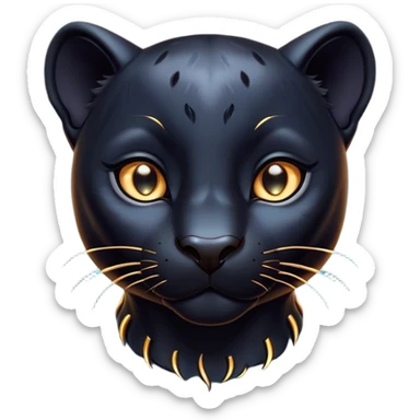 Cinematic Cute Panther Portrait Emoji, Head tilted playfully and inquisitively, with a smooth, streamlined form accentuated by a subtle sheen and round, sparkling eyes filled with charm, Simplified yet irresistibly adorable features, highly detailed, glowing with a warm, inviting glow, high shine, affectionate and lively, stylized with a touch of whimsical mystery, bright and endearing, soft glowing outline, capturing the essence of a mischievous yet loving panther that seems as if it could pounce out of the screen into your arms! sticker