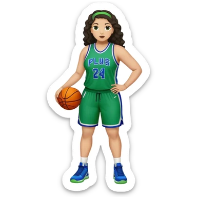 full body plus size light skin latino women basketball player with wavy dark hair large wide nose wearing blue with green uniform sticker