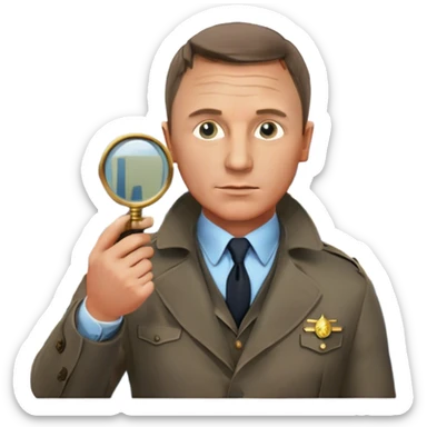 Icon for Detective Movies: A colorful collage featuring Daniel Craig as an inspector, with a magnifying glass, revolver and a mysterious city backdrop. Include a board with photos of suspects, fingerprints, and a crime scene. Retro movie poster style. Transparent background. sticker