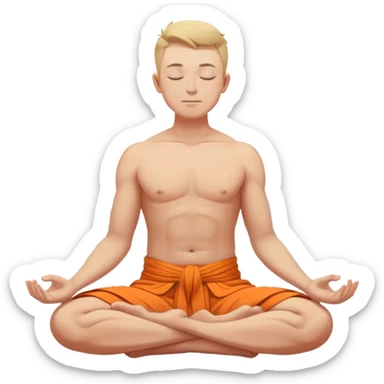 white man bare torso closed eyes meditating in lotus pose in orange dhoti two dnipro city towers on the back sticker
