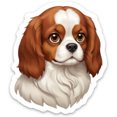 Cinematic Noble Blenheim Cavalier King Charles Spaniel Portrait Emoji, Poised and regal, with a graceful, medium build and a well-groomed Blenheim coat featuring rich chestnut and white markings, soulful brown eyes, Simplified yet sharp and sophisticated features, highly detailed, glowing with a soft, dignified glow, high shine, intelligent and affectionate, stylized with an air of elegance, focused and attentive, soft glowing outline, capturing the essence of a watchful and refined companion, so majestic it feels as though it could step out of the screen with effortless authority! sticker