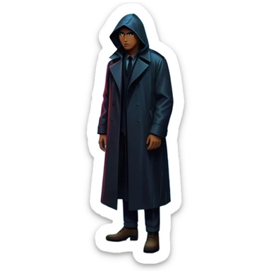 Movie Poster: A tense, gripping design with dramatic lighting. Include a mysterious figure in a dark coat standing in a rain-soaked alley, with glowing neon signs in the background. Shadows loom, and ominous shapes emerge from the mist. Suspenseful and cinematic atmosphere. Transparent background. sticker