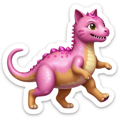 A cat running away from a pink dinosaur with glitter  sticker