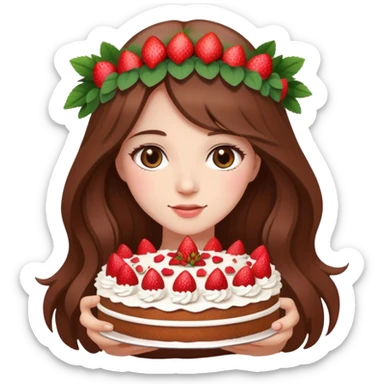 A beautiful girl with long brown hair and a wreath holding a strawberry cake sticker
