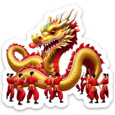 Cinematic Realistic scene of a traditional Chinese Dragon Dance featuring a team of performers skillfully manipulating a colossal, flexible dragon puppet, its intricately detailed, vibrant scales and flowing, embroidered fabric catching the light, set against a festive backdrop of red lanterns and dynamic red-tinged lighting that accentuates the majestic presence of the dragon puppet. sticker