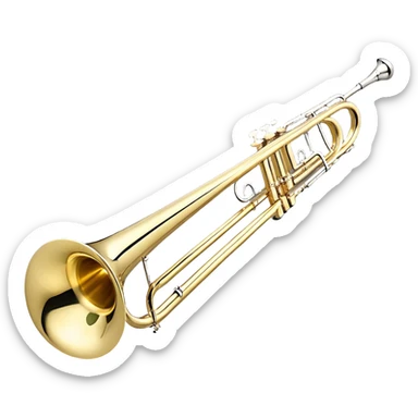 Create an elegant and detailed emoji representing the Bach Bb/F tenor trombone. The design should feature the smooth, shiny brass body of the trombone, showcasing its large, flared bell and curved tubing. Highlight the tuning slide with its polished metal finish, and the mouthpiece should be clearly visible. The trombone’s surface should have a gleaming brass tone with subtle silver accents around the mouthpiece and slide. Add a few musical notes or soundwaves emanating from the bell to emphasize the powerful sound of the trombone. Use golden and brass tones with reflective light effects to enhance the trombone’s professional and high-quality appearance. The background should be transparent. sticker