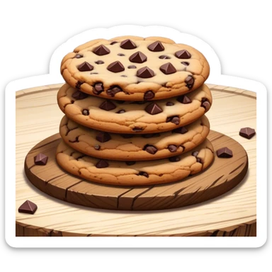 Cinematic crunchy chocolate chip cookies, freshly baked, golden-brown with gooey melted chocolate chunks, stacked on a rustic wooden plate, soft warm lighting, cozy and delicious. sticker