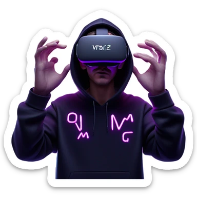 Russian man wearing a black hoodie with "OMG" letters on it and VR headset oculus quest 2 in a cyberpunk VR environment with violet neon lighting. Showing direction with hand sticker