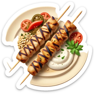 cinematic-realistic-souvlaki-dish-emoji,-showcasing-skewered,-grilled-chicken-with-mediterranean-spices-rendered-with-dynamic-textures-and-warm,-appetizing-lighting on pita bread on a plate sticker