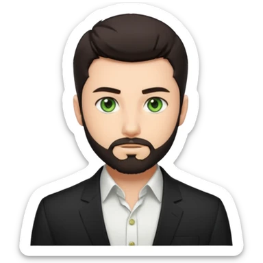 Man with a short full beard, Styled hair, Best looking man in the planet, onepiece style dark hair, green eyes, more anime style more maskulin. Wearing a white formal shirt, first buttons open macho style sticker