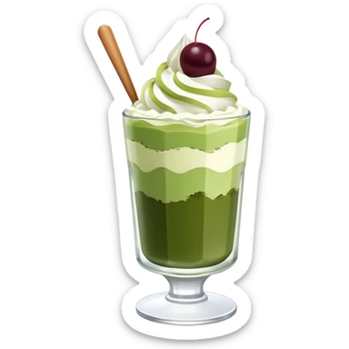 Japanese matcha parfait in a glass, with layers of green tea ice cream, and whipped cream sticker