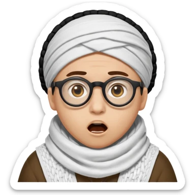 A person with light skin tone, wearing a traditional white shemagh with a BALCK AGAL, large brown eyes, round glasses, and an open mouth showing a surprised or shocked expression. sticker