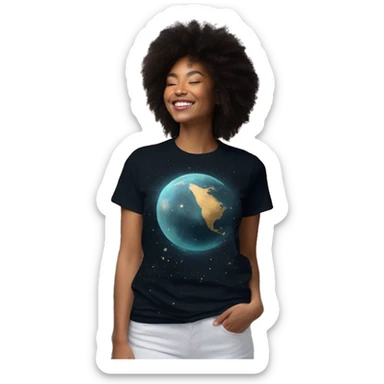 Person wearing T shirt with vintage gilded earth on t shirt with nebulas galaxies and constellations t shirt sticker