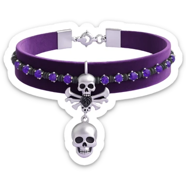 gothic bracelet with deep amethyst velvet band, silver skull charm, black rose accent, rich and gothic, matching the choker and earrings sticker
