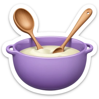 a lilac ceramic mixing bowl with a wooden spoon stirring sticker