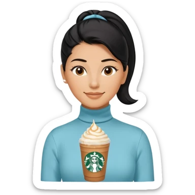  tan skin woman with long face, and very short black hair slicked back ponytail with forehead showing, wearing solid light blue turtleneck shirt, drinking starbucks caramel frappuccino, smiling with middle parted hair sticker