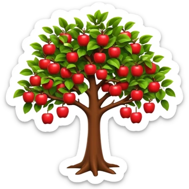 A 3D cartoon apple tree with red apples hanging from its branches, lush green leaves, bright daylight, Memoji-style realism. sticker