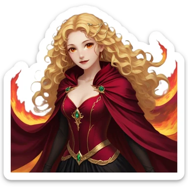 A breathtakingly beautiful female Fae with golden, wavy hair cascading down her back, her amber eyes sparkling with both warmth and untamed power. She wears a fitted black bodice paired with an opulent crimson cloak, the fabric swirling around her like liquid fire. Her lips are curved in a knowing smile, her posture both regal and effortlessly confident sticker