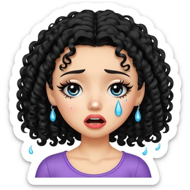 a pretty fair bratz girl with black curly hair, crying sticker