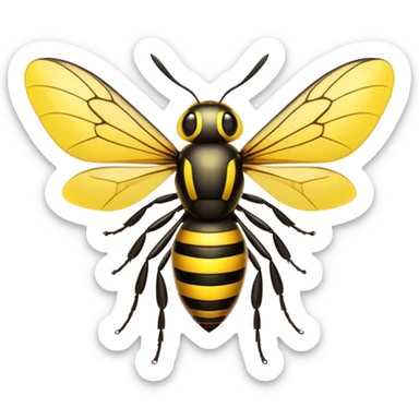 Cinematic Noble Hornet Portrait Emoji, Poised and intimidating, with a sleek, segmented body in bold yellow and black hues, sharp, focused eyes, and delicate, translucent wings, Simplified yet sharp and sophisticated features, highly detailed, glowing with a soft, insectile radiance, high shine, intelligent and formidable, stylized with an air of natural authority, focused and alert, soft glowing outline, capturing the essence of a watchful and confident hornet that appears ready to buzz out of the screen with effortless power! sticker