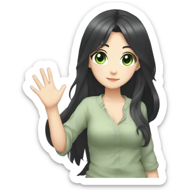 Anime-style girl with black hair down to her belly , gray-green eyes , waving her hand sticker