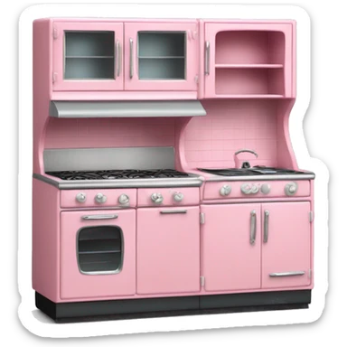 Isolated full length Realistic bubblegum vintage retro kitchen range with cabinets and counters. sticker