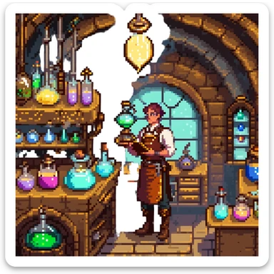 A mystical baker surrounded by bubbling glass flasks, enchanted ingredients, and a brass-trimmed oven. The workspace feels like a magical lab with parchment scrolls, glowing powders, and steampunk-style machinery. UI elements resemble aged parchment, crystal knobs, and smoky overlays. sticker