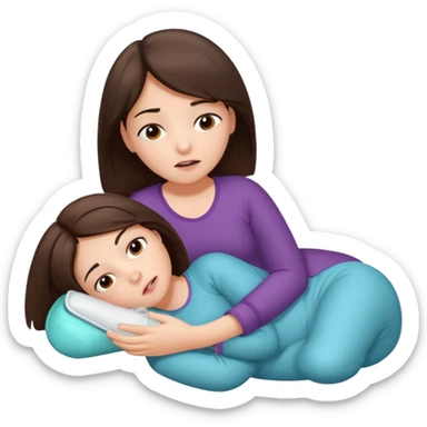 A brunette girl, with a pain face, lying on her side suffering from menstrual cramps, has a hot water bottle on her stomach. sticker