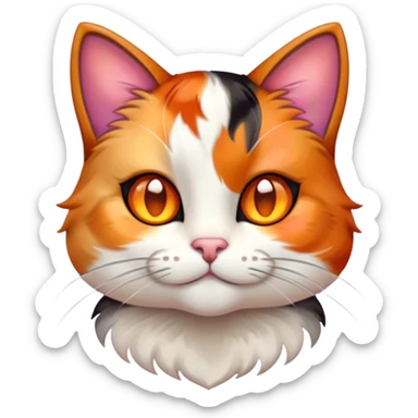 Cinematic Cute Calico Cat Portrait Emoji, Head tilted playfully with sparkling, inquisitive eyes and a charming patchwork fur of orange, black, and white, simplified yet irresistibly adorable, highly detailed, glowing with a warm, inviting glow, high shine, bubbly and affectionate, styled with a touch of whimsical feline charm, soft glowing outline, capturing the essence of a delightfully cute calico cat that looks as if it could prance off the screen into your heart! sticker