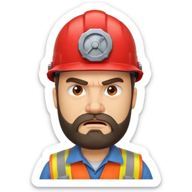 engineer with red helmet, angry expression, annoyance, furious, beard sticker