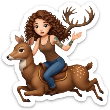 cute woman long curly brown hair tattoos riding calm deer sticker
