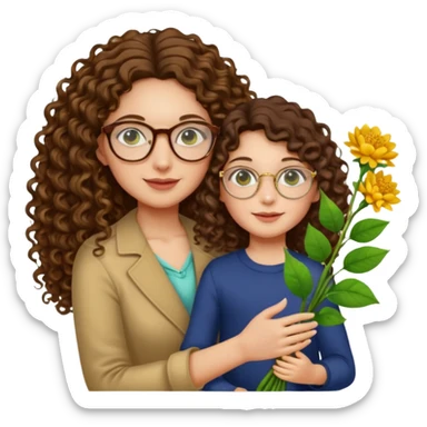 light skinned brunette long curly haired woman with green/hazel eyes framed with fine round gold rimmed glasses holding big bright bunch of flowers with one hand and young kindergarten age daughter's hand (also with long brown curly hair) in other. White background. sticker