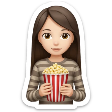 girl with dark brown straight long hair, striped light brown sweater, gray eyes, holding popcorn in her hands sticker