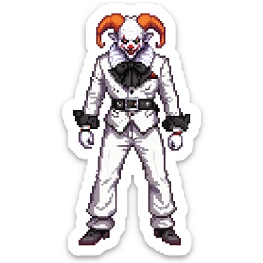 full-body demonic clown in black and white leisure suit with bellbottom pants, bald, black ram horns, flashy black and white belt, ruffled white shirt, no neck tie, large fangs sticker