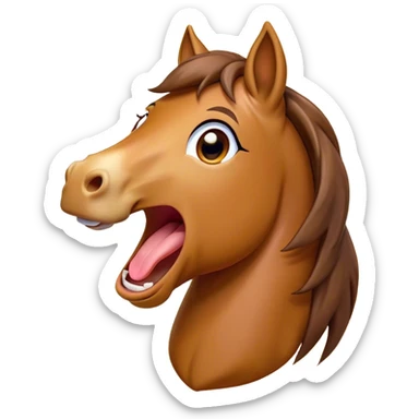 Cinematic Cute Yawning Bay Horse Portrait Emoji, Head tilted slightly with a dramatic, wide-open yawn, revealing a smooth bay fur with a subtle luster, floppy ears slightly drooping, round amber eyes barely open in drowsy contentment, Simplified yet irresistibly adorable features, highly detailed, glowing with a soft, cozy glow, high shine, relaxed yet expressive, stylized with a touch of equine whimsy, bright and endearing, soft glowing outline, capturing the essence of a sleepy yet affectionate horse, so drowsy it feels like it could stretch out of the screen and curl up for a nap! sticker