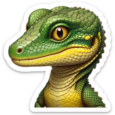 cinematic-realistic-cute-monitor-lizard-portrait-emoji,-head-tilted-playfully-and-inquisitively,-featuring-a-compact,-agile-body-with-finely-detailed,-glossy-scales-in-earthy-olive-hues-and-a-distinct,-alert-face-with-bright,-curious-eyes, black , yellow spotted and green band  scales sticker