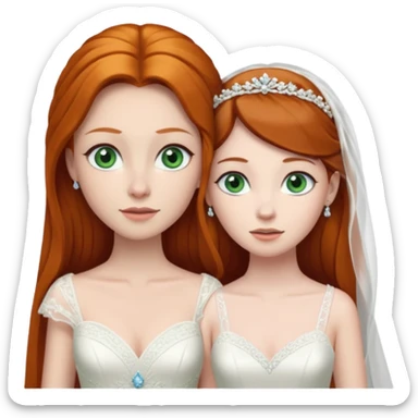 A ginger woman with blue eyes, marrying a taller, pale woman with very dark brown hair and green eyes, both in wedding dresses. sticker