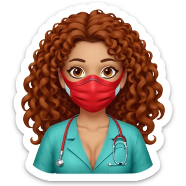 Sensual Spanish Lilith core evil surgeon.red outfit.  Surgeon has hazel eyes. Her hair is BROWN. Hair is also  long and  curly. wearing a sexy surgeon outfit with platform  heels.she is a calculated killer. She covers only her mouth and nose with mask to hide identity sticker