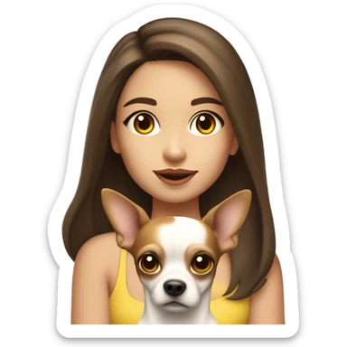 A girl with long brown hair, big brown eyes, very big lips wearing a white singlet top, holding a chihuahua that is one colour yellow sticker