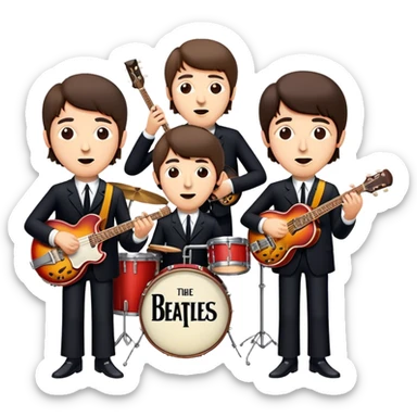 Cinematic Realistic The Beatles Group Emoji, depicted as an iconic band of four exuding playful charisma and musical genius with retro instruments and vibrant expressions, rendered with rich textures and nostalgic dynamic lighting that captures their legendary impact on pop culture. sticker