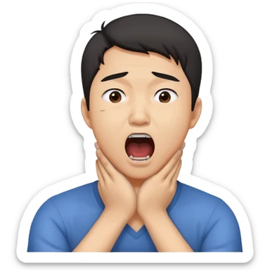 Asian guy chocking himself with his arms on his throat and a screaming face sticker