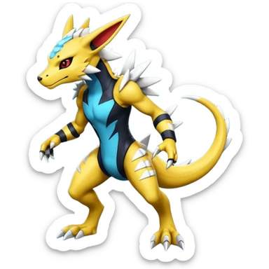 Modern anthropomorphic furry futuristic shiny colorful Zeraora-Salandit-Guilmon-fusion (full body) sticker