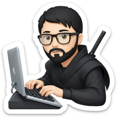 Man with black hair and beard wearing glasses in a ninja costume typing on a computer keyboard sticker