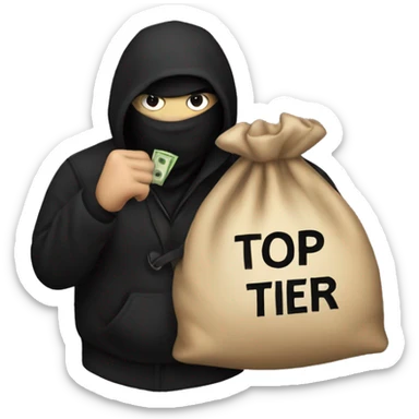 Thief wearing all black clothes stealing a money bag with the words Top Tier embroidered on it sticker