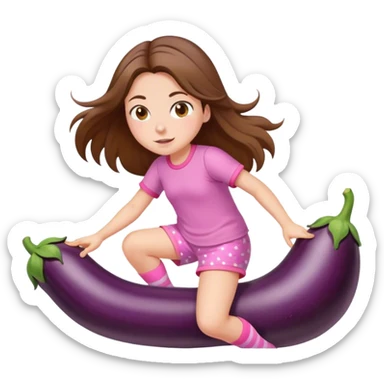 girl with long brown hair riding an eggplant in shorts pink pijamas sticker
