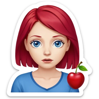 create a woman shrugging emoji, she is white, has blue eyes and cherry red hair sticker