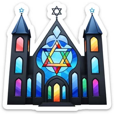 jewish synagogue temple in dark goth aesthetic style with black building and very light tint rainbow stained glass windows. and star of david and celestial symbolism sticker